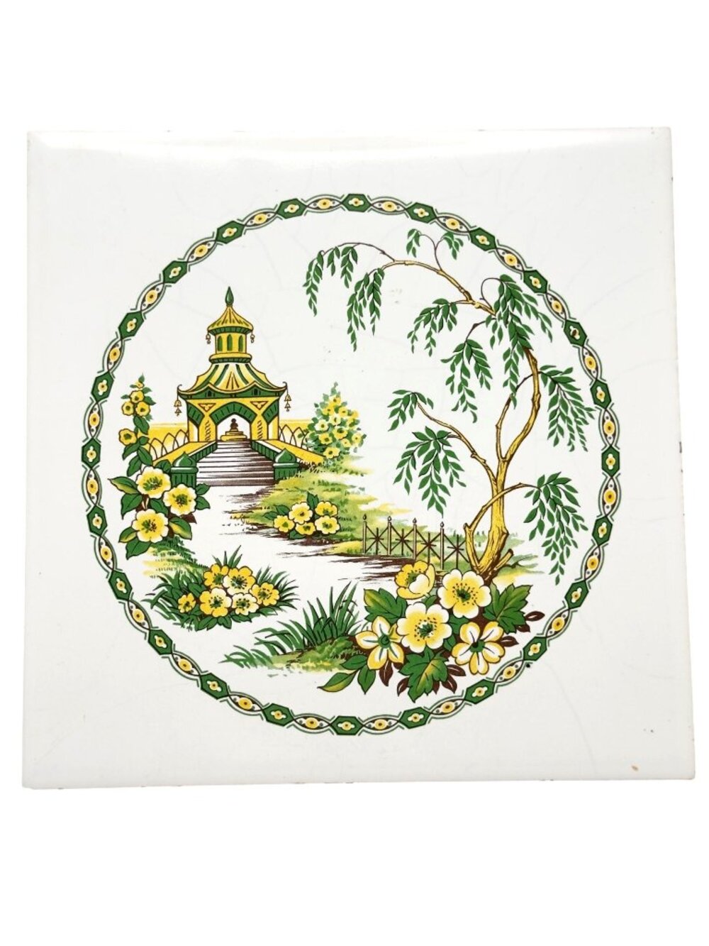 Vtg Hyalyn Pottery Ceramic Trivet Hot Plate Floral Pagoda Design 6" Square Cork